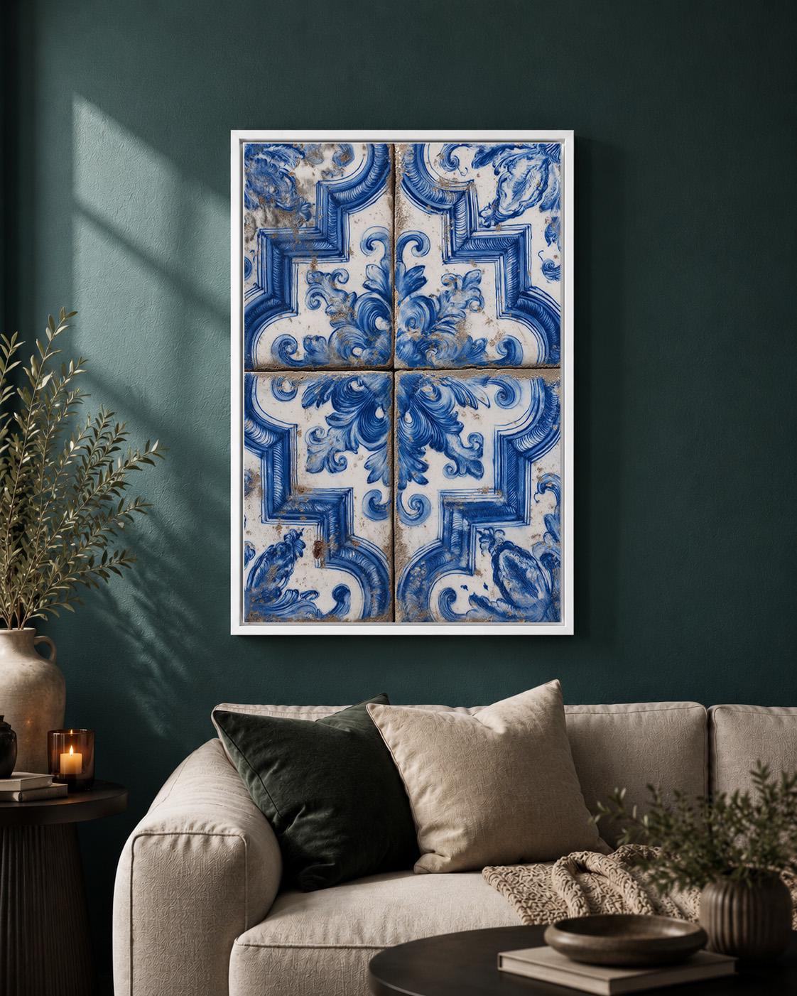 Portuguese Azulejo Blue Ceramic Tile Mediterranean Framed Canvas by The Wall Art Studio
