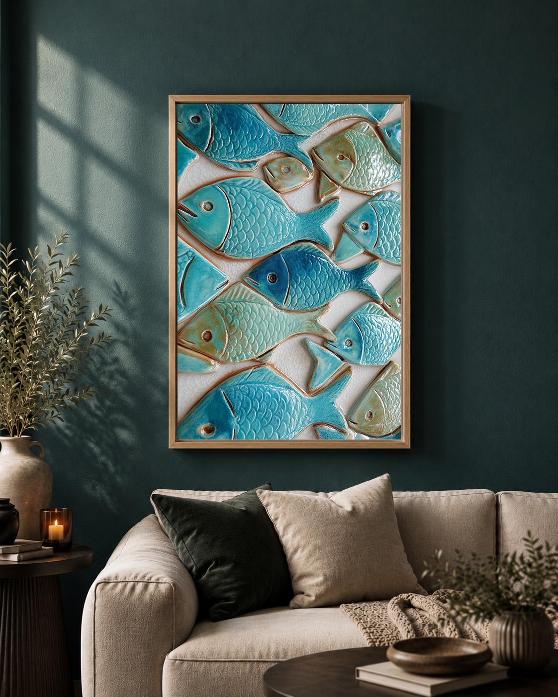 Coastal Fish Ceramic Tile Mediterranean Beach House Framed Canvas by The Wall Art Studio