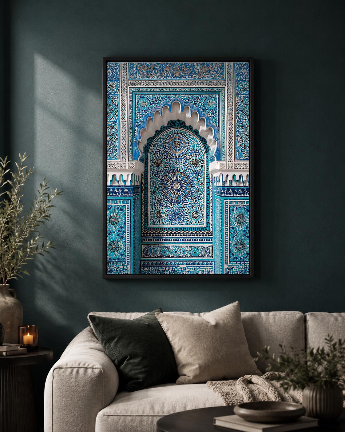 Moroccan Mosaic Arch Blue Islamic Tile Framed Canvas by The Wall Art Studio