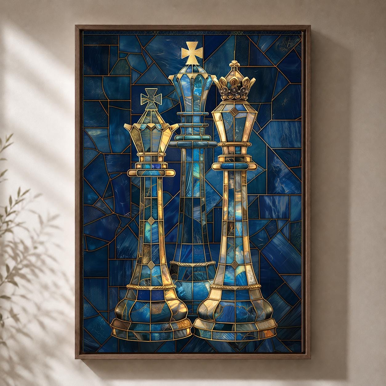 Blue Stained Glass Chess King & Queen Framed Canvas by The Wall Art Studio