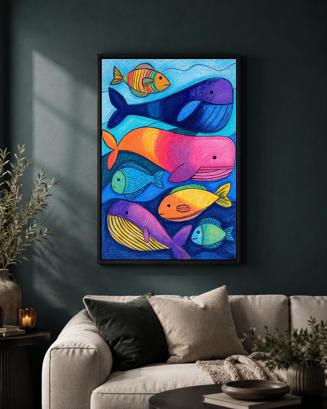 Colorful Whale and Fish Ocean Nursery Playroom Framed Canvas by The Wall Art Studio