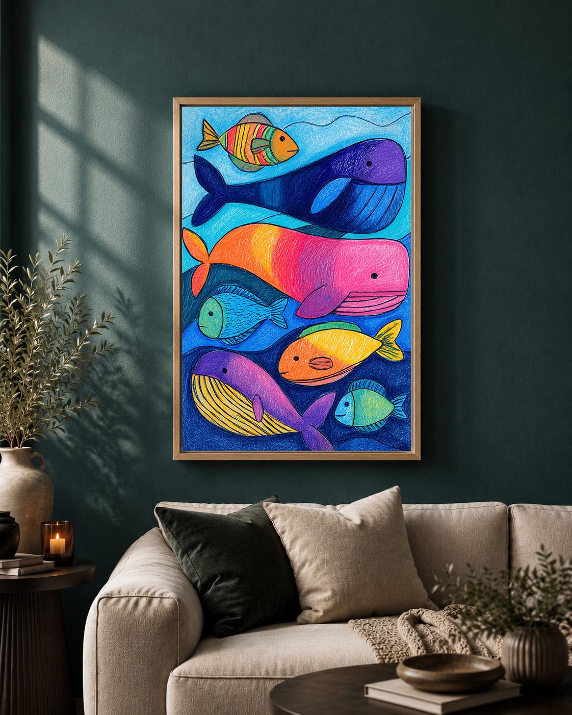 Colorful Whale and Fish Ocean Nursery Playroom Framed Canvas by The Wall Art Studio