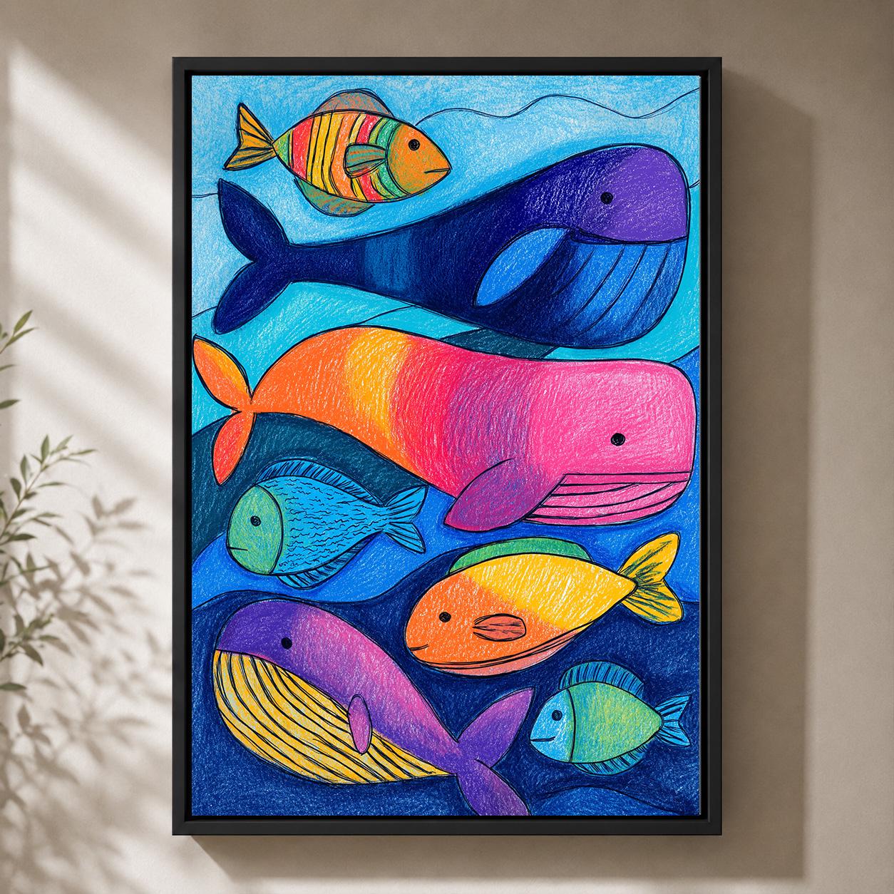 Colorful Whale and Fish Ocean Nursery Playroom Framed Canvas by The Wall Art Studio