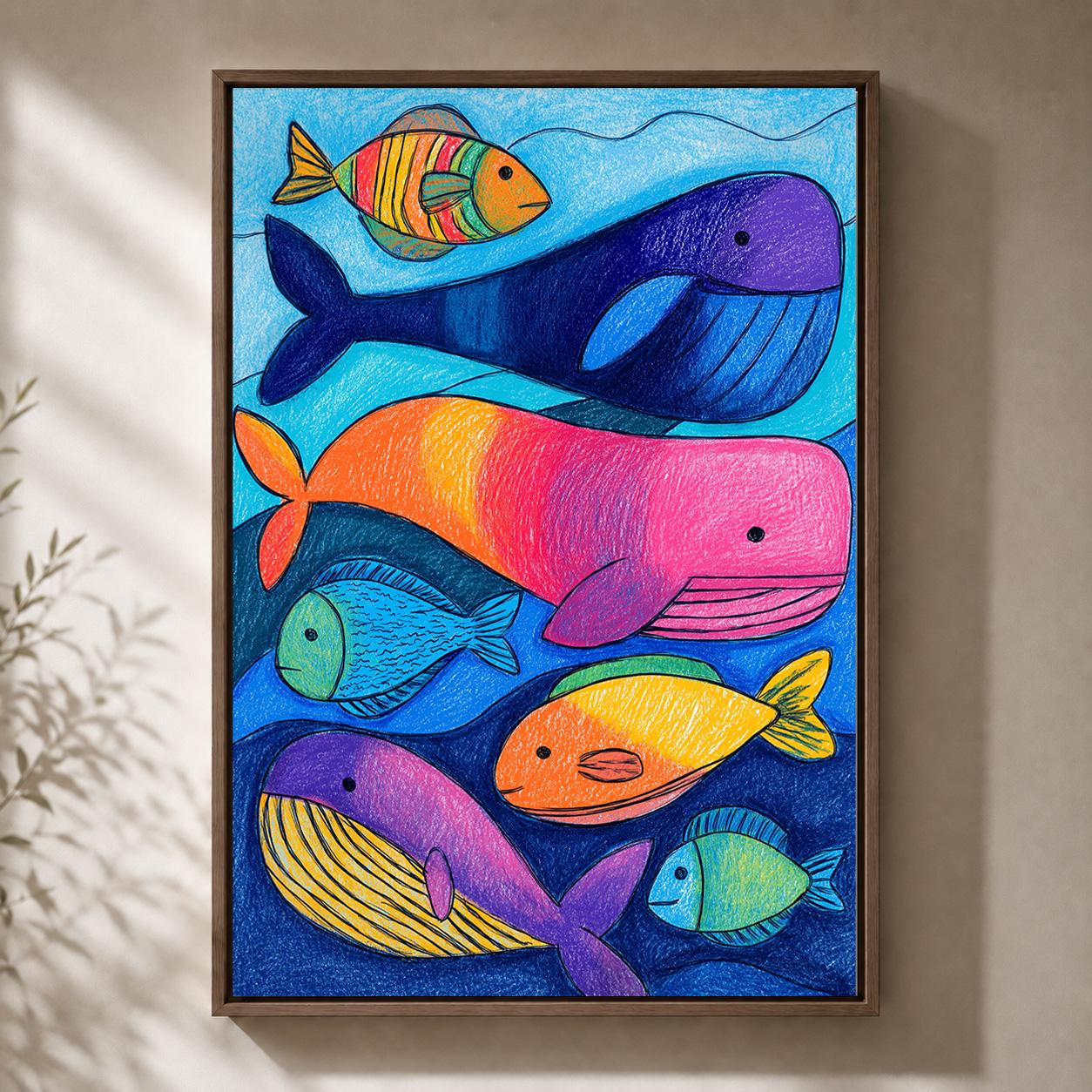 Colorful Whale and Fish Ocean Nursery Playroom Framed Canvas by The Wall Art Studio