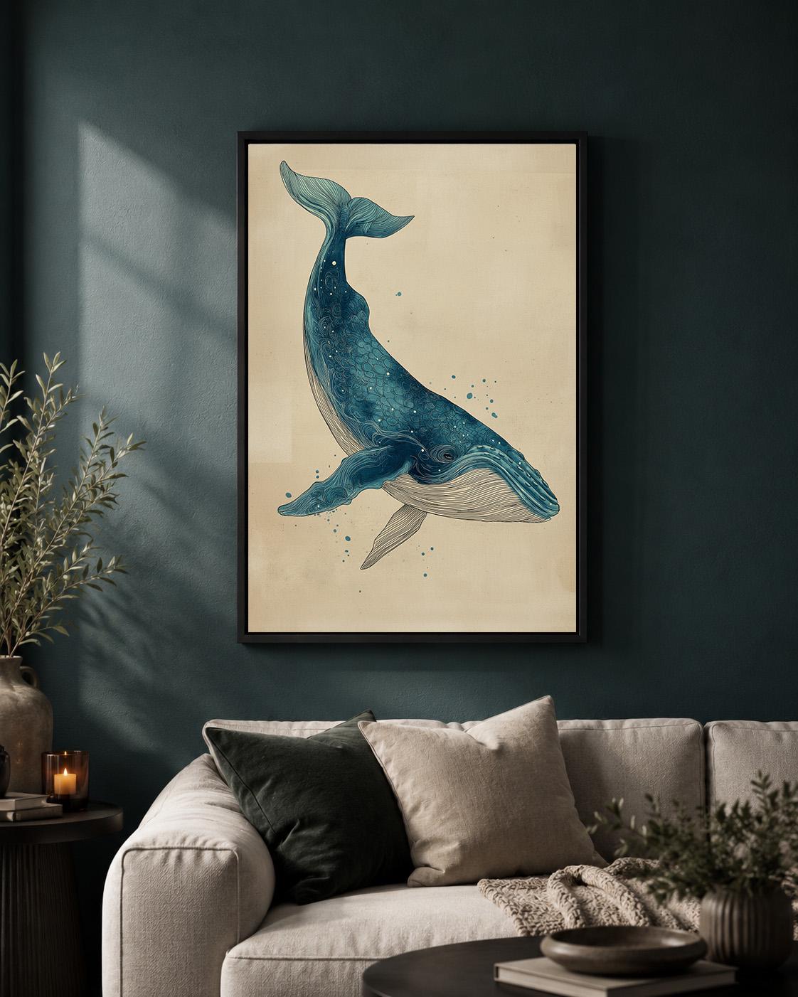 Blue Whale Coastal Nautical Ocean Framed Canvas by The Wall Art Studio
