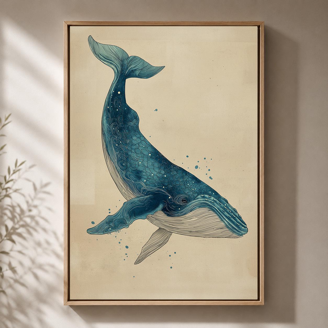 Blue Whale Coastal Nautical Ocean Framed Canvas by The Wall Art Studio