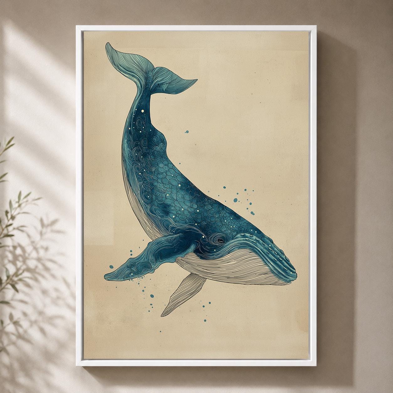 Blue Whale Coastal Nautical Ocean Framed Canvas by The Wall Art Studio