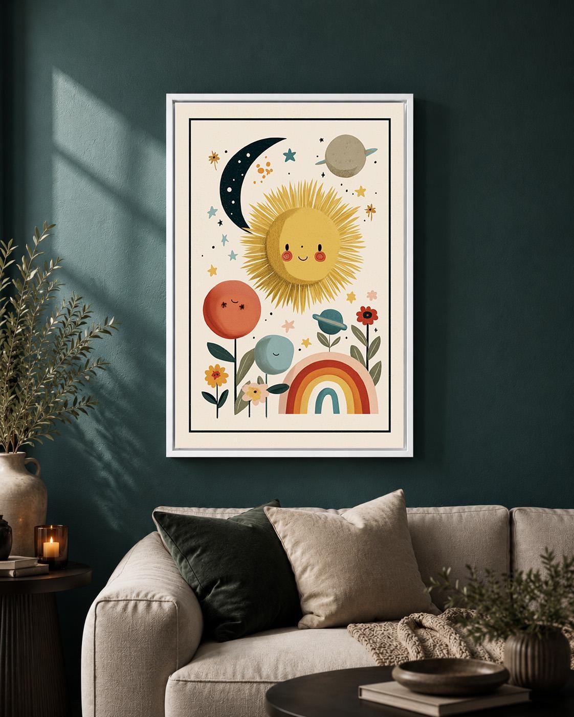 Boho Sun and Rainbow Celestial Nursery Kids Room Framed Canvas by The Wall Art Studio