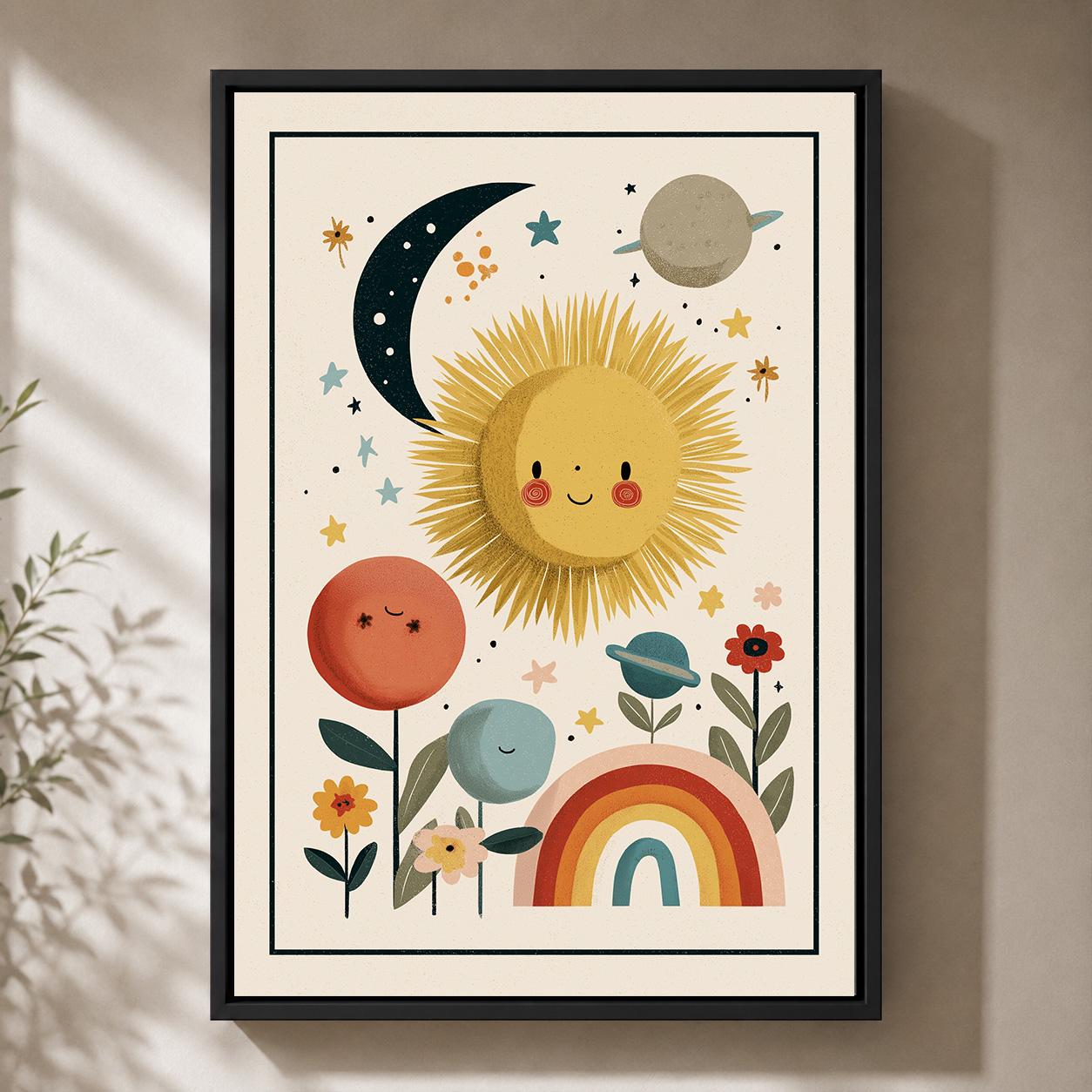 Boho Sun and Rainbow Celestial Nursery Kids Room Framed Canvas by The Wall Art Studio