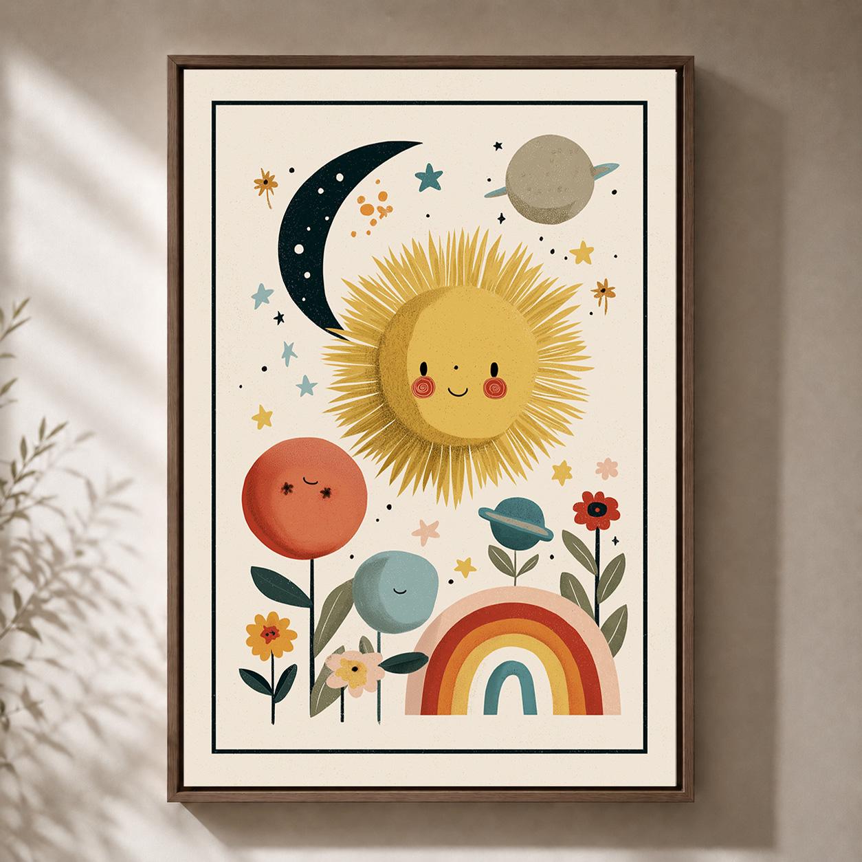 Boho Sun and Rainbow Celestial Nursery Kids Room Framed Canvas by The Wall Art Studio