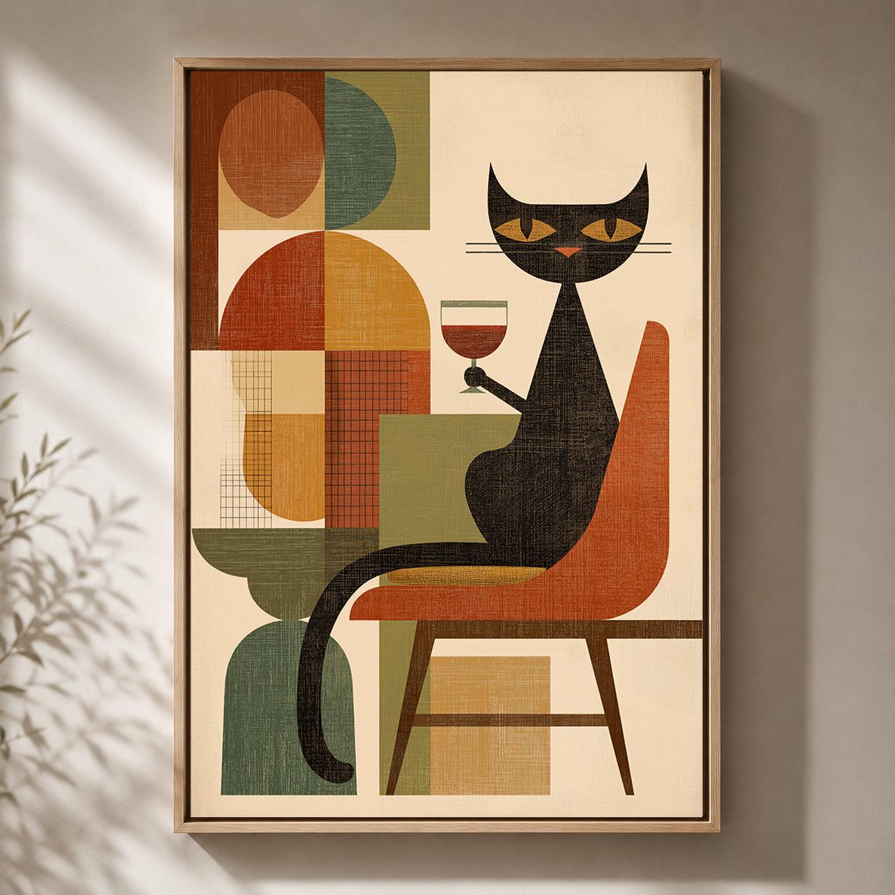 Mid Century Retro Cat Cat Wine Lover Framed Canvas by The Wall Art Studio