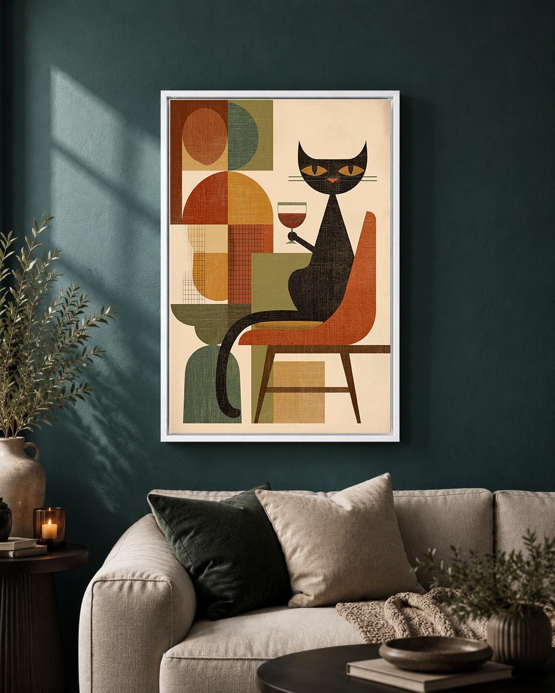 Mid Century Retro Cat Cat Wine Lover Framed Canvas by The Wall Art Studio