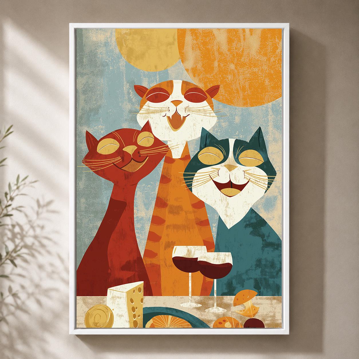 Retro Mid Century Cat Party Wine & Cheese Framed Canvas by The Wall Art Studio