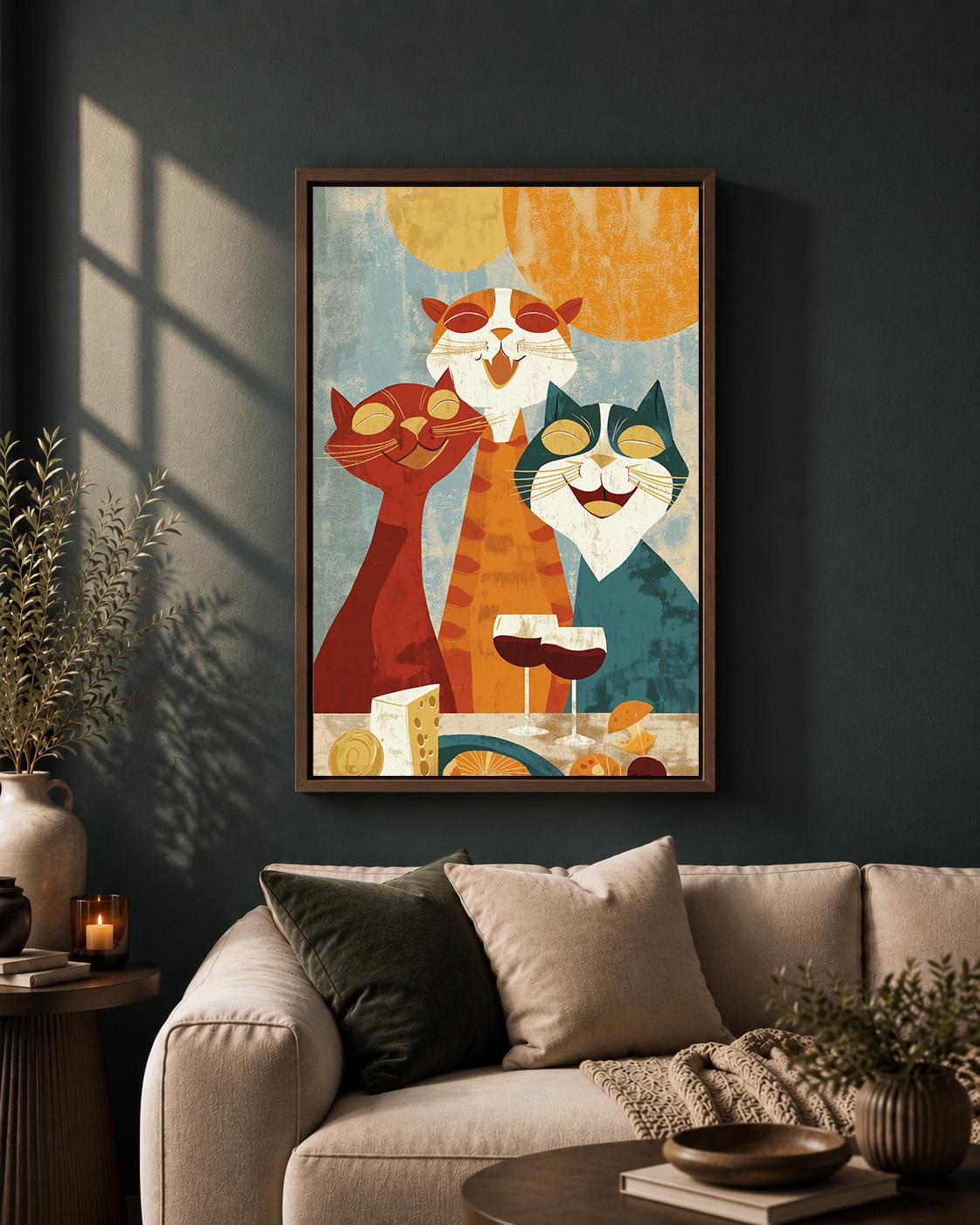 Retro Mid Century Cat Party Wine & Cheese Framed Canvas by The Wall Art Studio