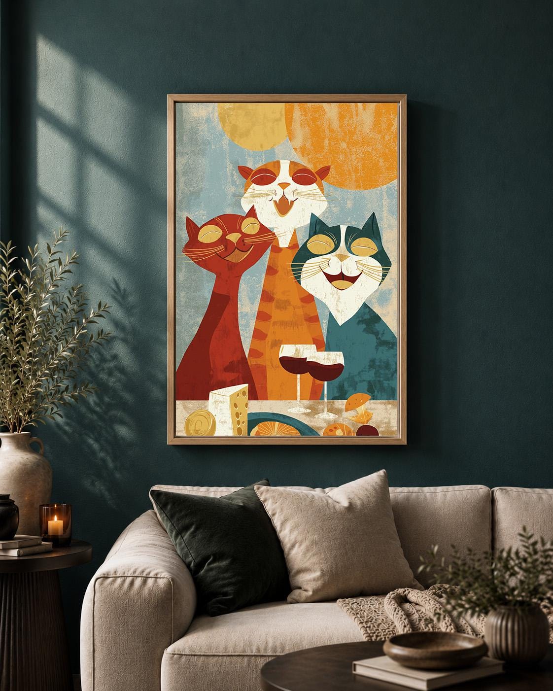 Retro Mid Century Cat Party Wine & Cheese Framed Canvas by The Wall Art Studio