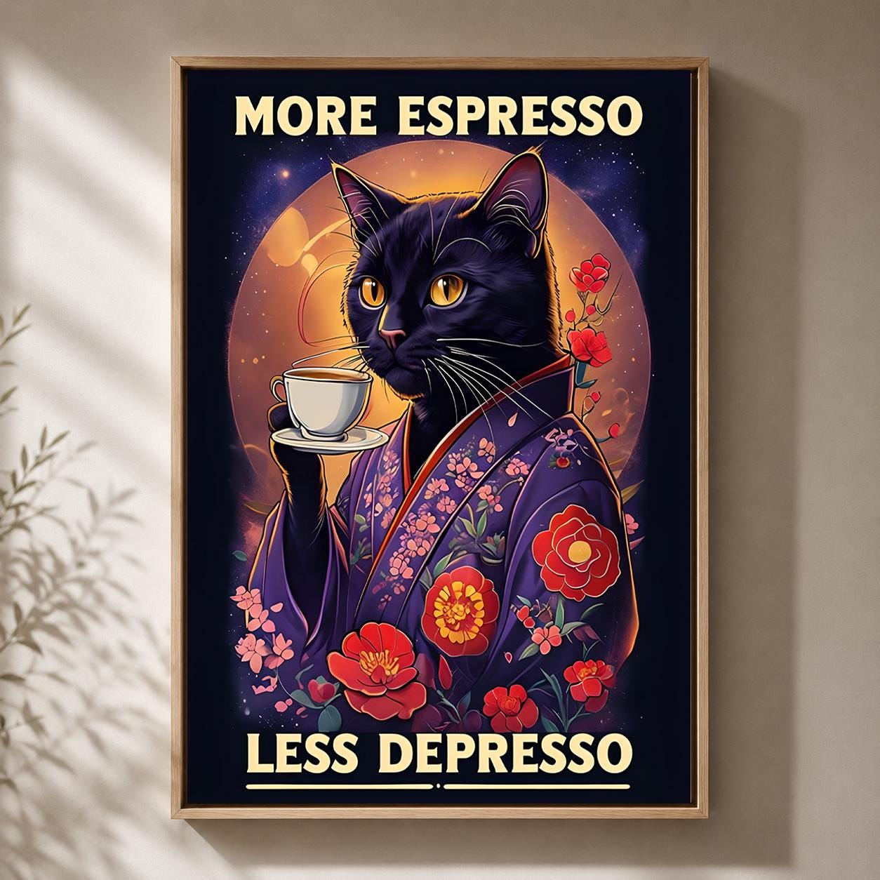 Black Cat Espresso Coffee Funny Kitchen Café Framed Canvas by The Wall Art Studio