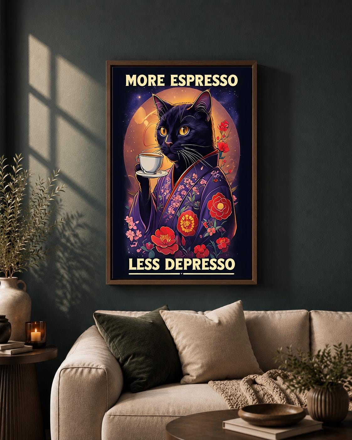 Black Cat Espresso Coffee Funny Kitchen Café Framed Canvas by The Wall Art Studio