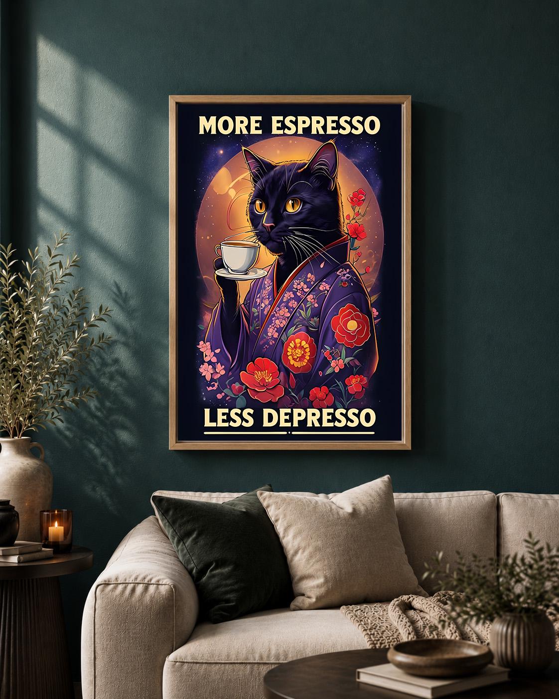 Black Cat Espresso Coffee Funny Kitchen Café Framed Canvas by The Wall Art Studio