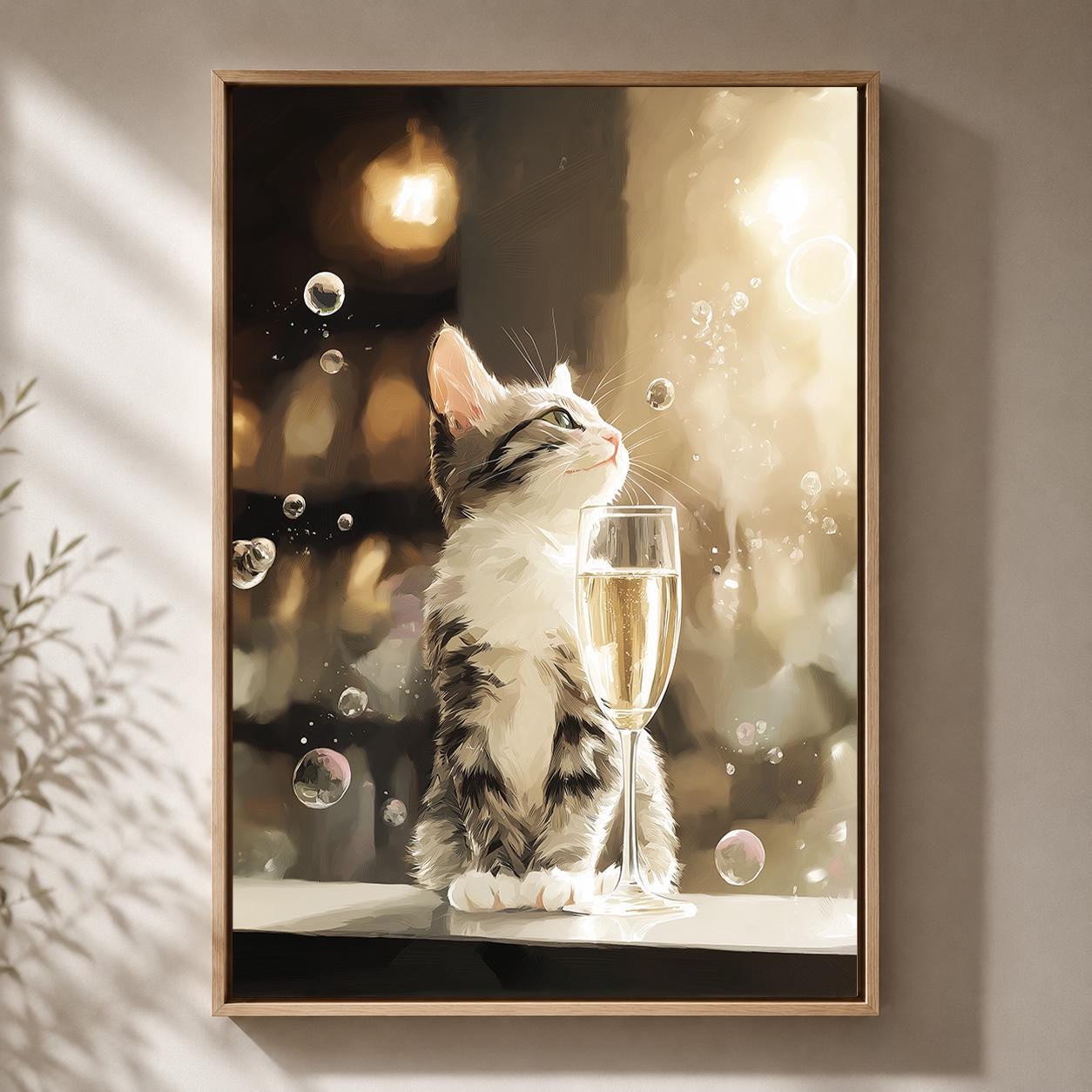 Champagne Cat Kitten Framed Canvas by The Wall Art Studio