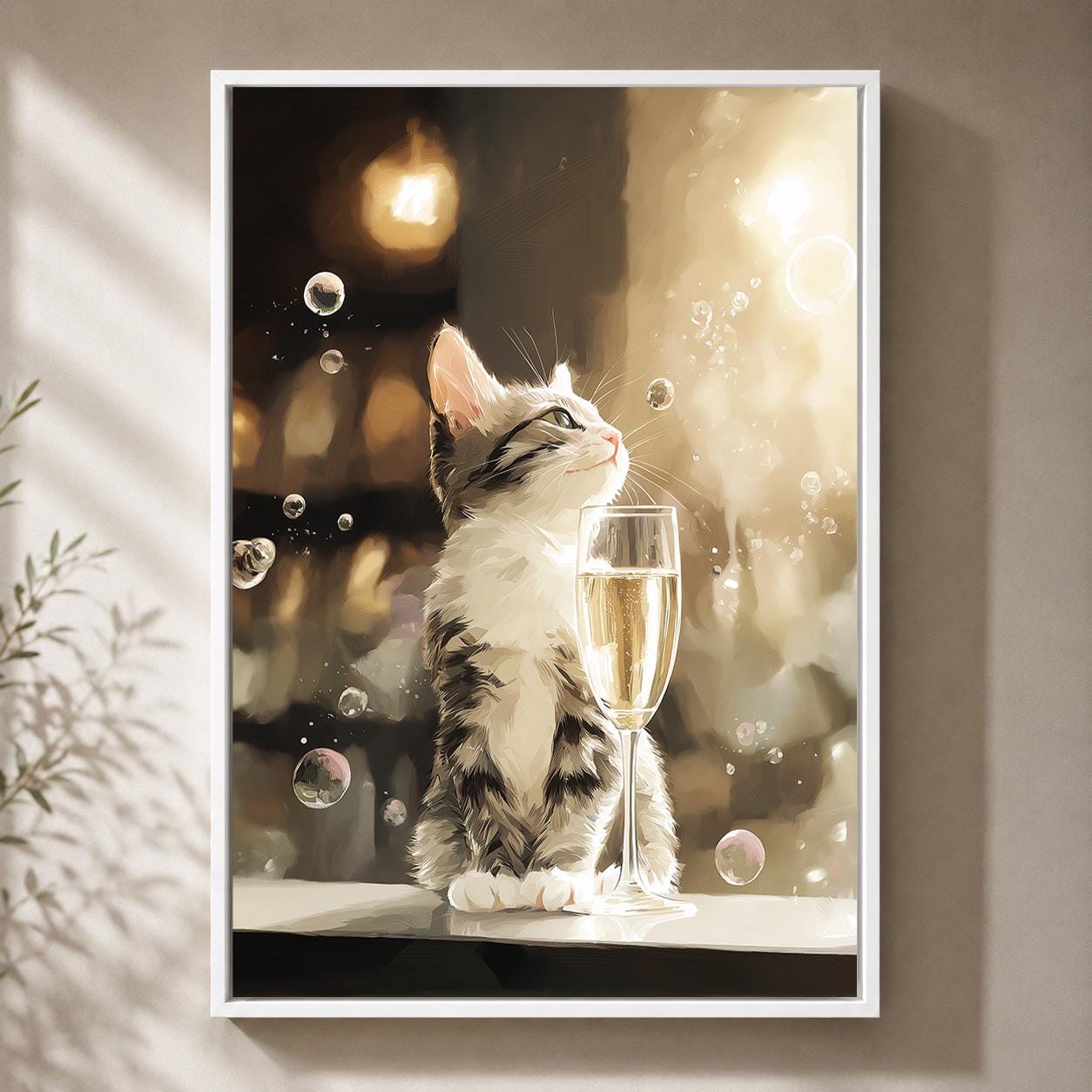 Champagne Cat Kitten Framed Canvas by The Wall Art Studio