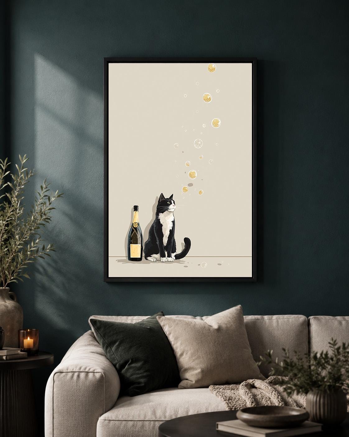 Minimalist Champagne Black & White Cat Framed Canvas by The Wall Art Studio