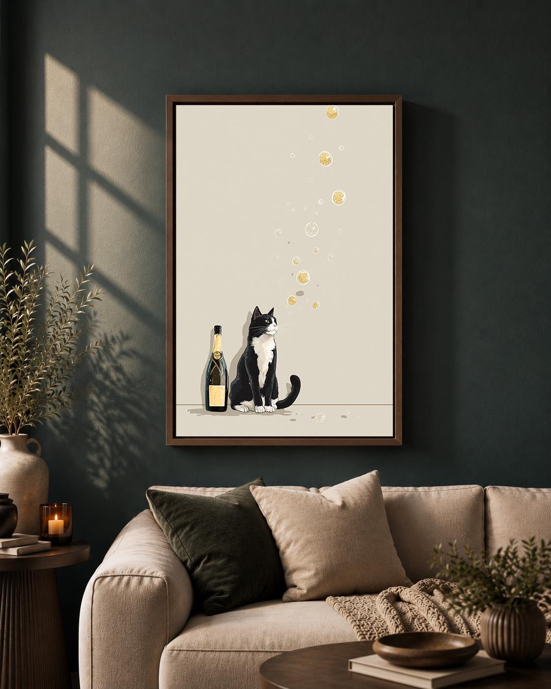Minimalist Champagne Black & White Cat Framed Canvas by The Wall Art Studio