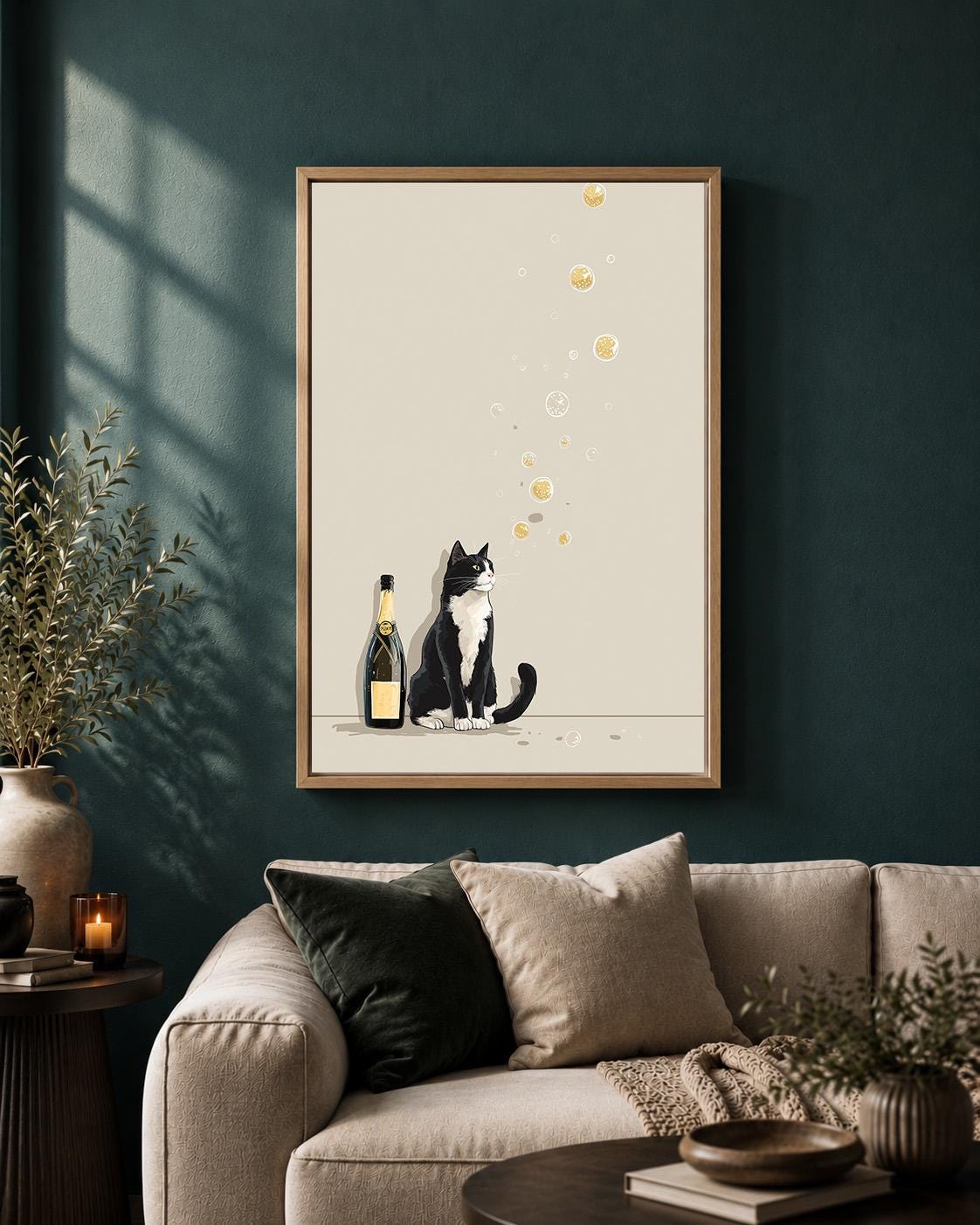 Minimalist Champagne Black & White Cat Framed Canvas by The Wall Art Studio