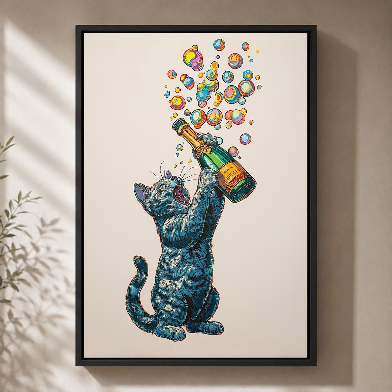 Funny Champagne Cat Framed Canvas by The Wall Art Studio