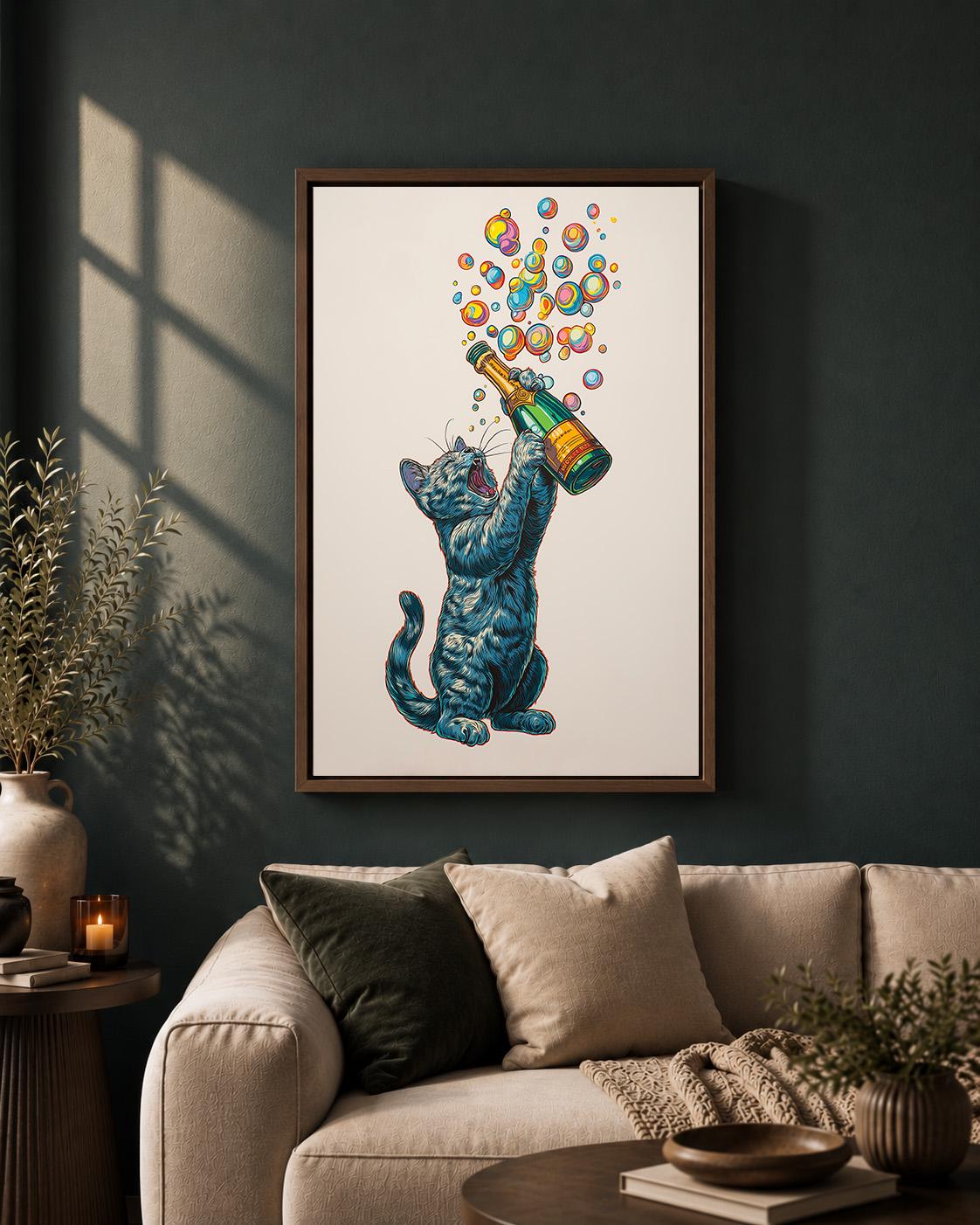 Funny Champagne Cat Framed Canvas by The Wall Art Studio