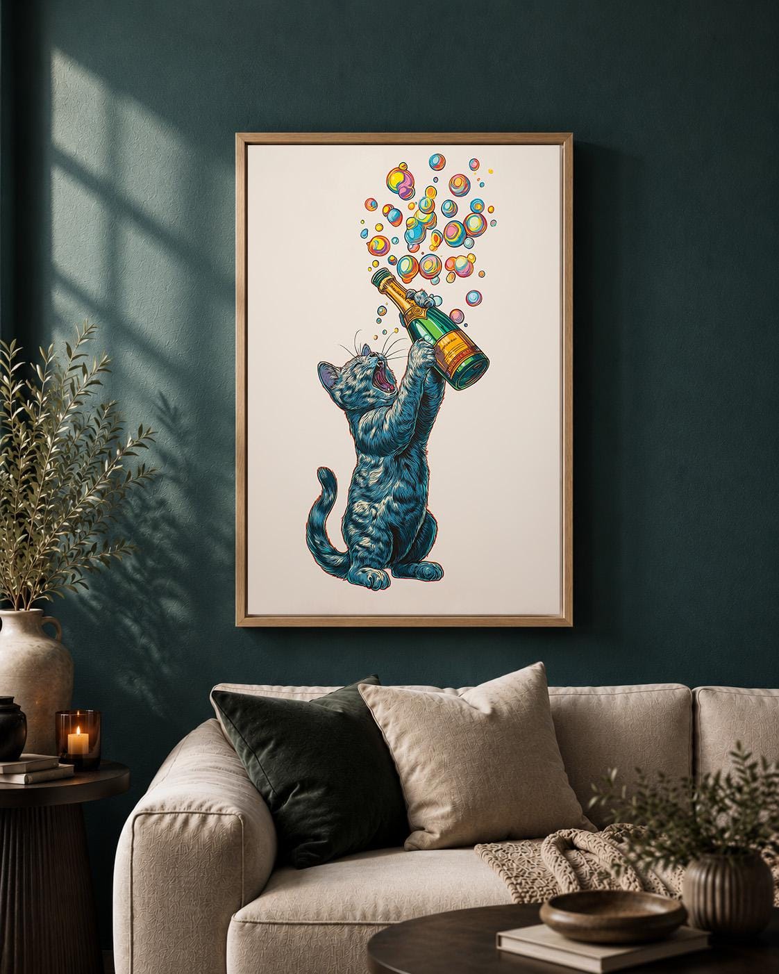 Funny Champagne Cat Framed Canvas by The Wall Art Studio