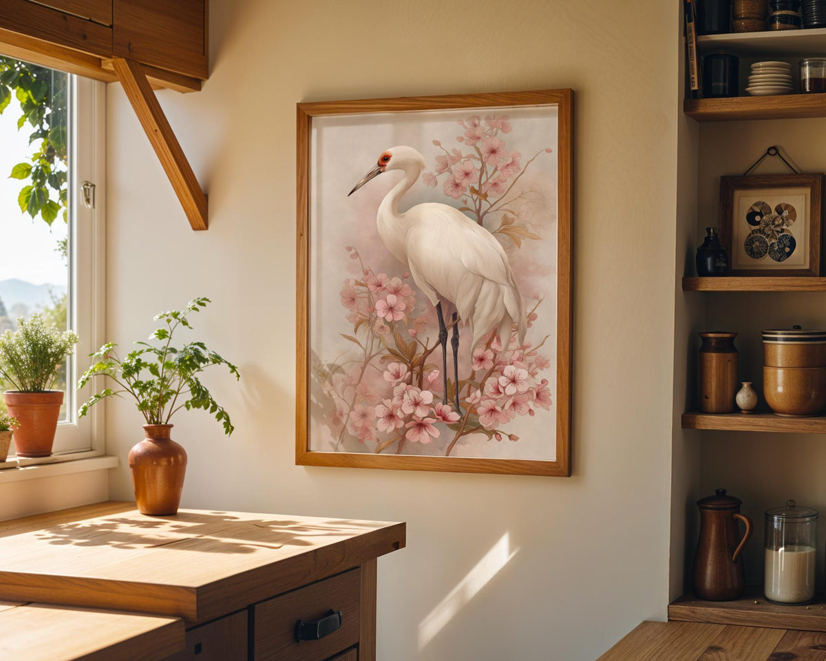 Chinoiserie Elegant White Crane Blossom Vintage Asian Wall Art by The Wall Art Studio
