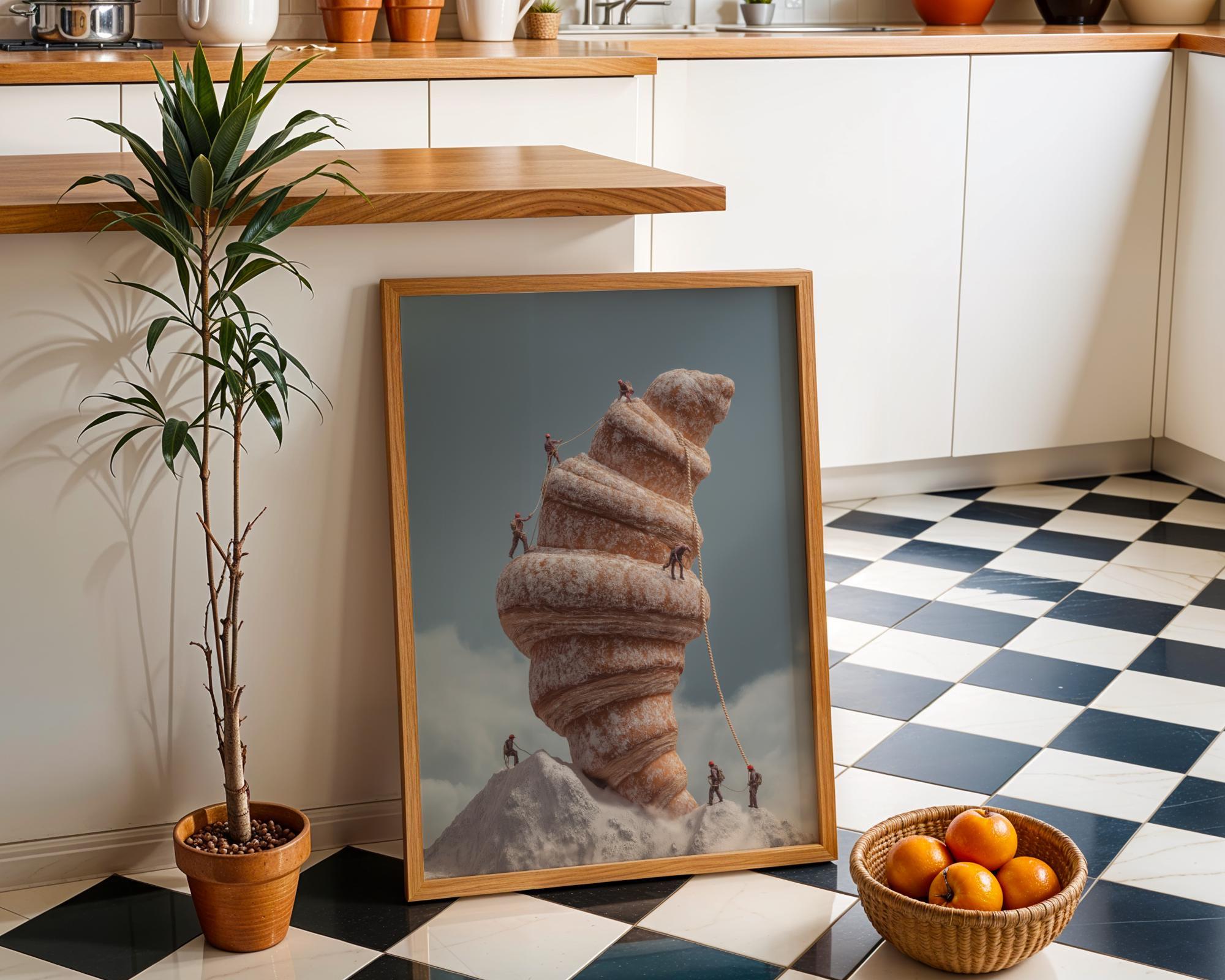 Surreal Croissant Mountain Climbers Whimsical Food Landscape Wall Art