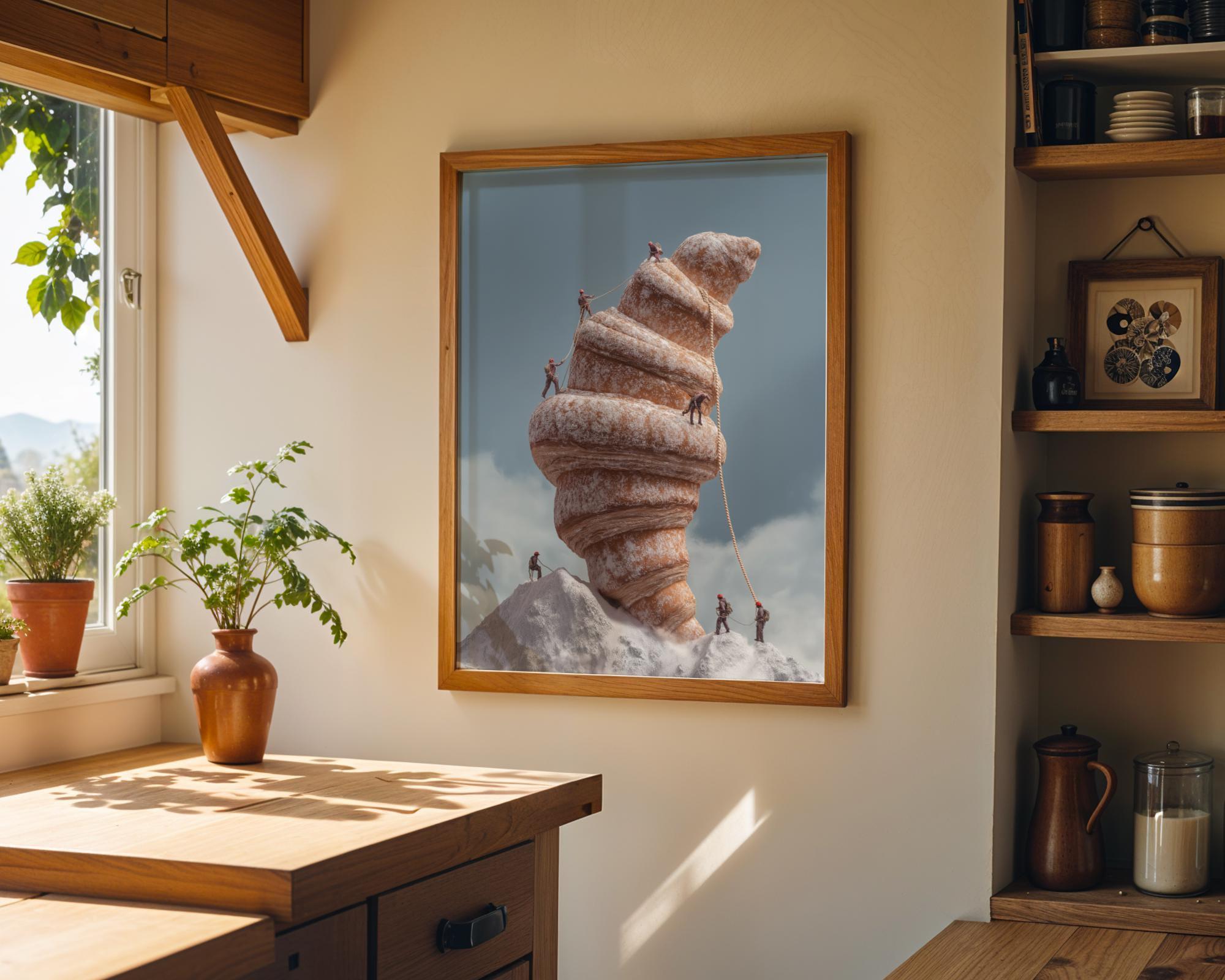 Surreal Croissant Mountain Climbers Whimsical Food Landscape Wall Art