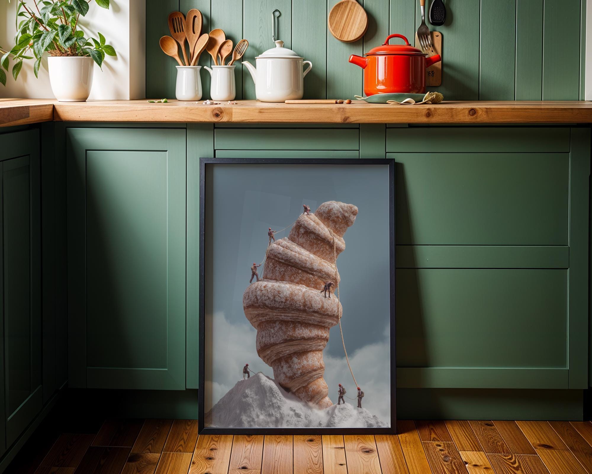Surreal Croissant Mountain Climbers Whimsical Food Landscape Wall Art