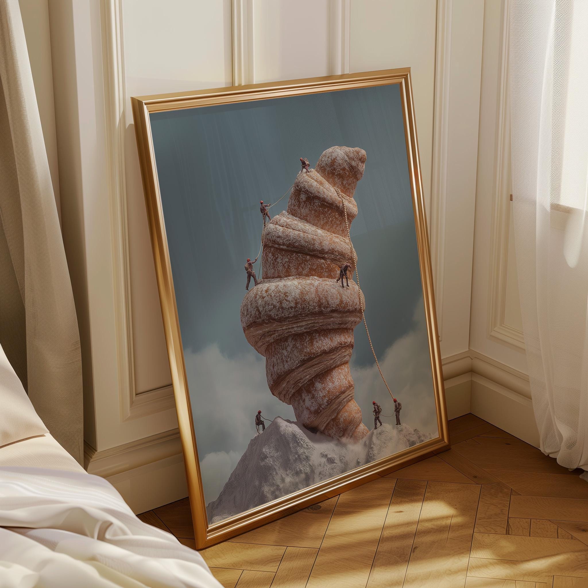 Surreal Croissant Mountain Climbers Whimsical Food Landscape Wall Art
