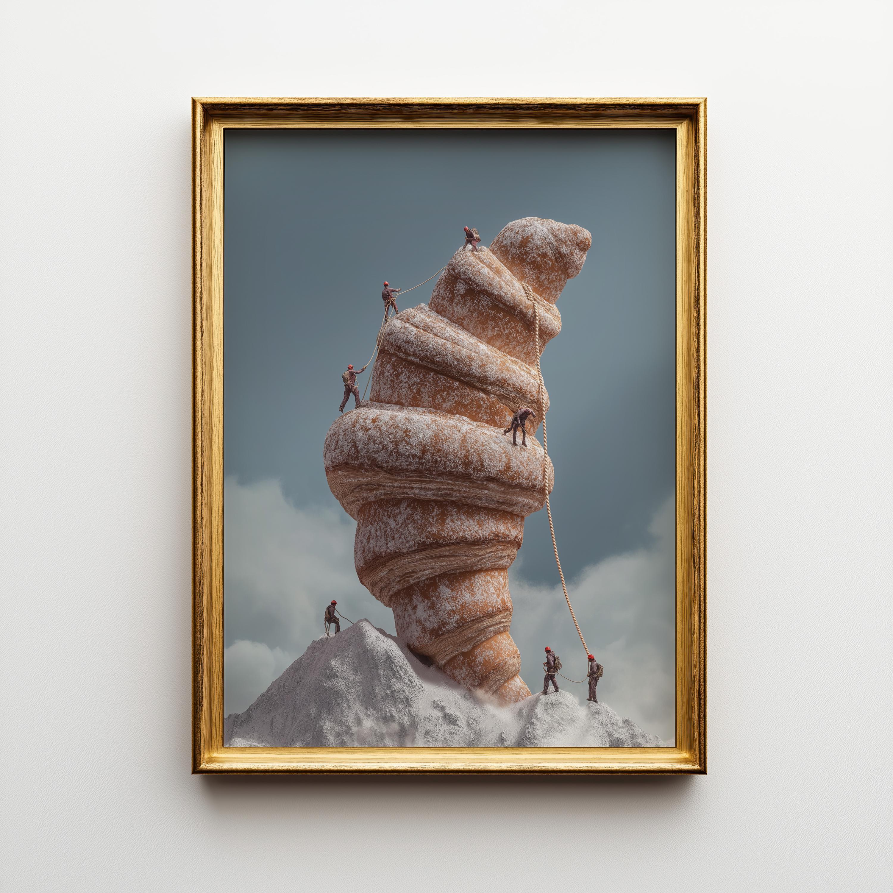 Surreal Croissant Mountain Climbers Whimsical Food Landscape Wall Art