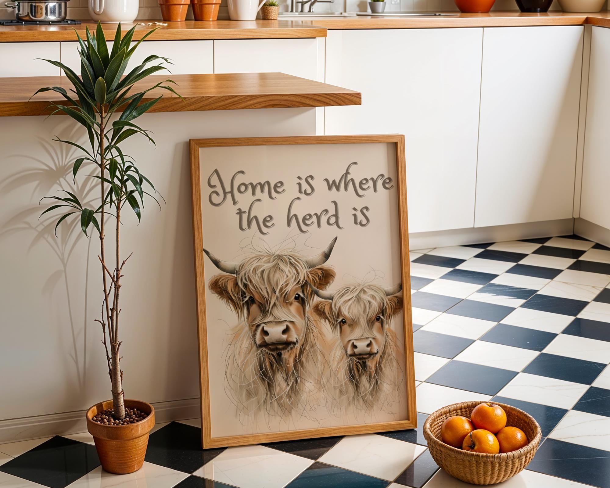 Highland Cow "Home is Where the Herd Is" Quote Wall Art by The Wall Art Studio - physical