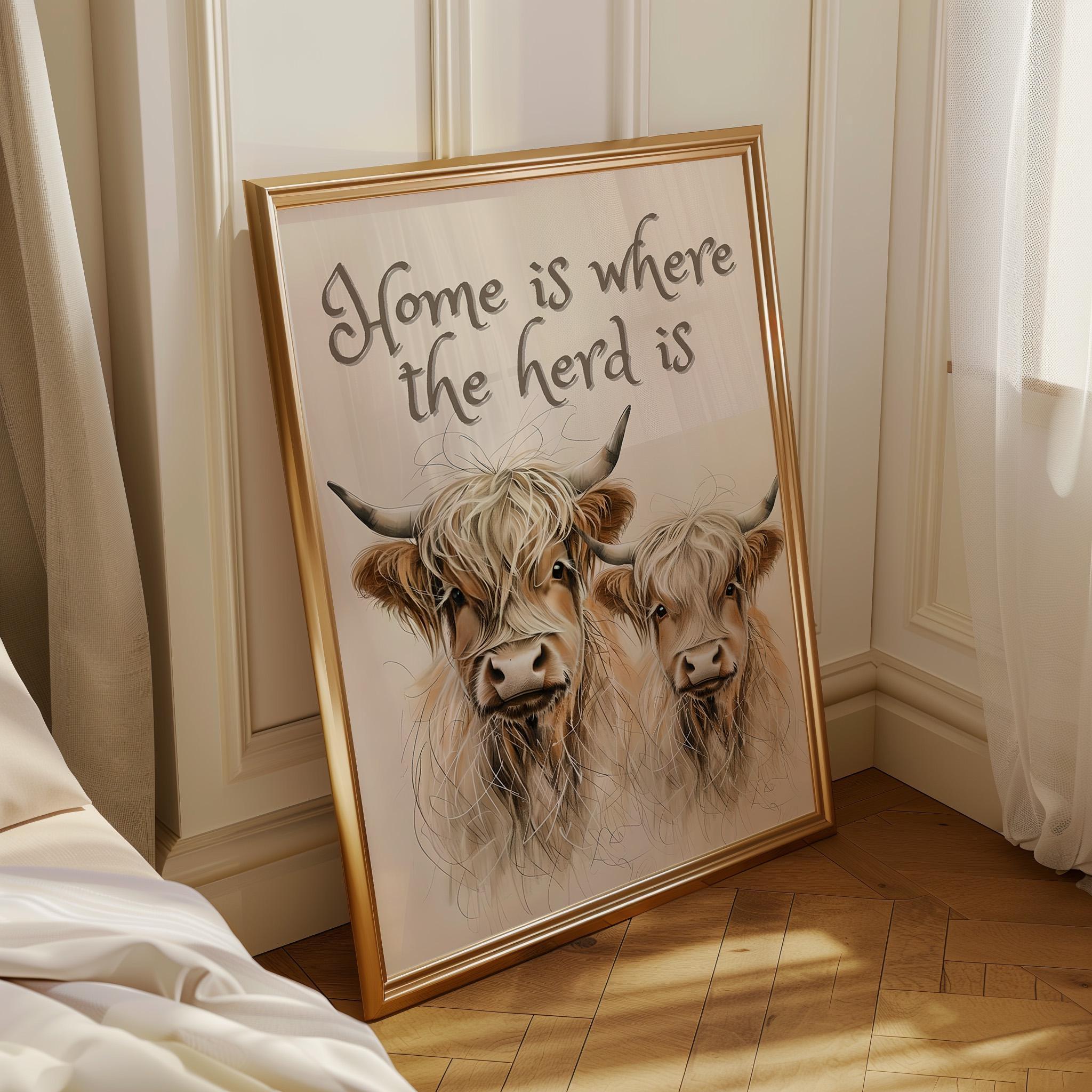Highland Cow "Home is Where the Herd Is" Quote Wall Art by The Wall Art Studio - physical