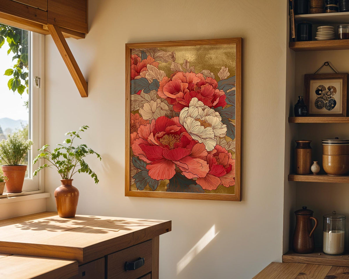 Large Peony Floral Vintage Art Nouveau Wall Art by The Wall Art Studio