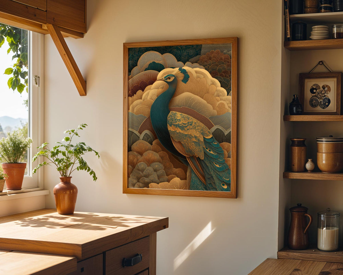 Art Deco Peacock Elegant Gold & Teal Bird Wall Art