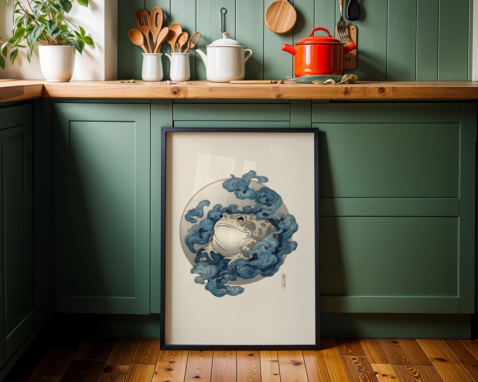 Japanese Whimsical Frog in Kimono, Yokai-Inspired Wall Art by The Wall Art Studio