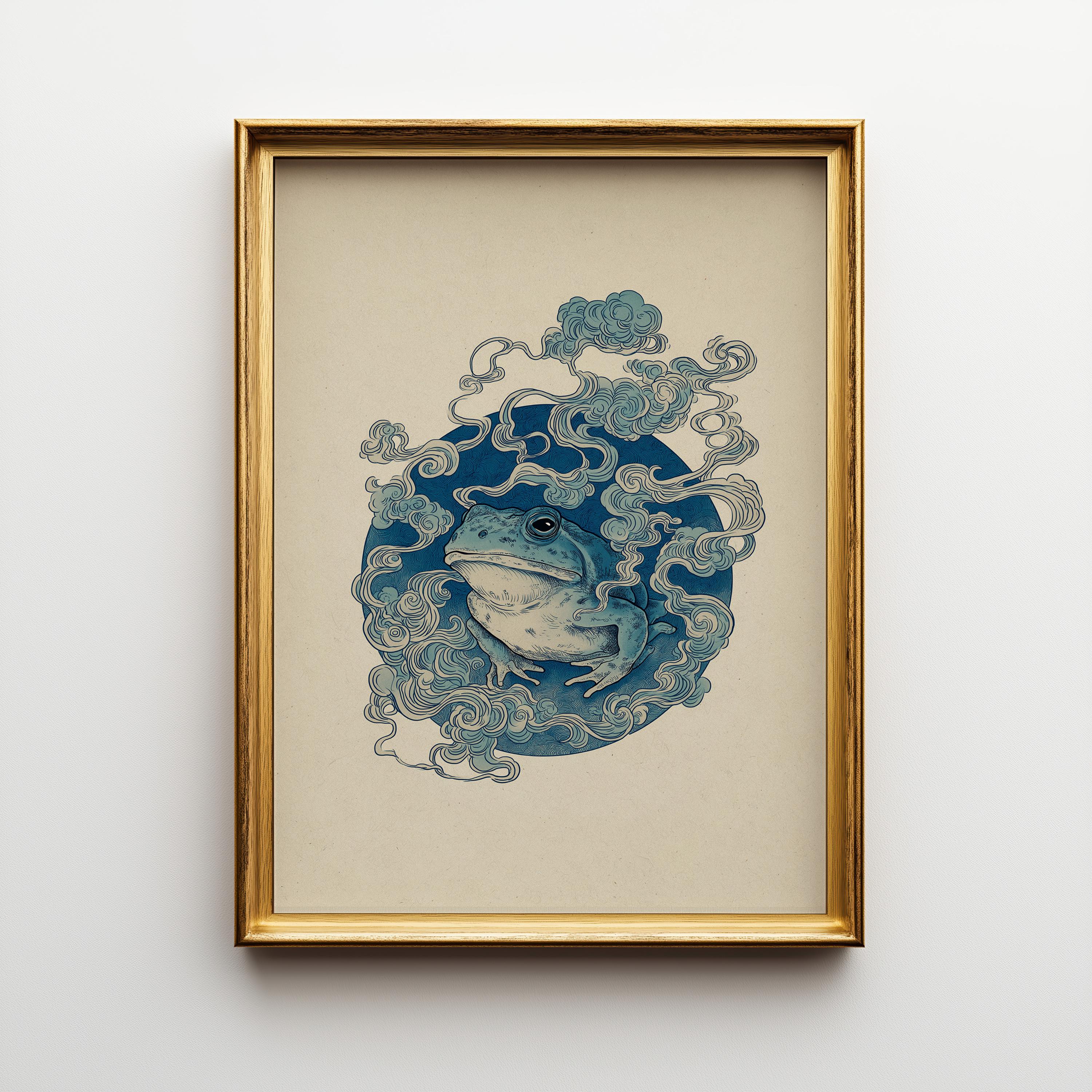 Japanese Whimsical Frog in Kimono, Yokai-Inspired Wall Art by The Wall Art Studio