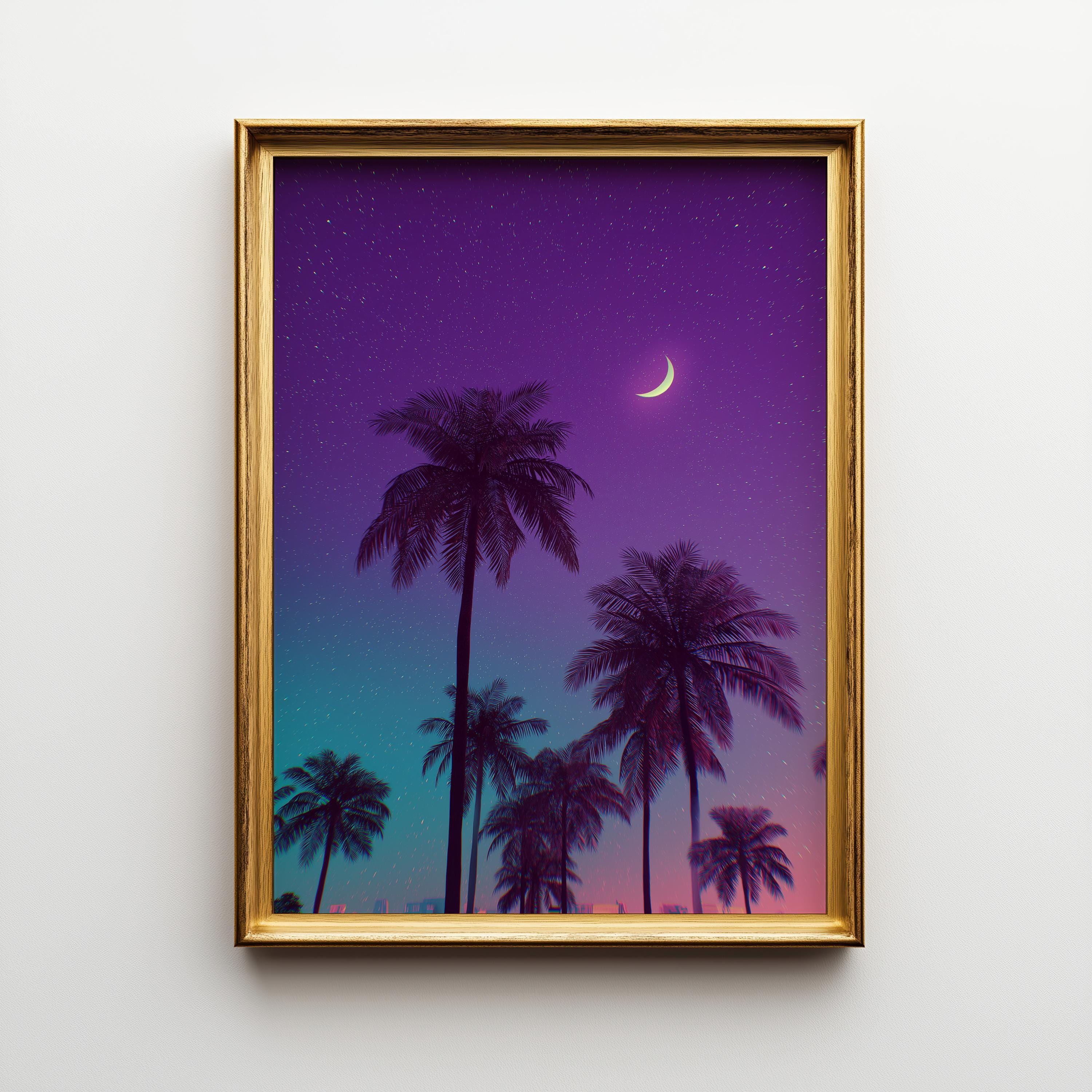 Vaporwave Palm Tree Neon Tropical Night Scene Wall Art by The Wall Art Studio