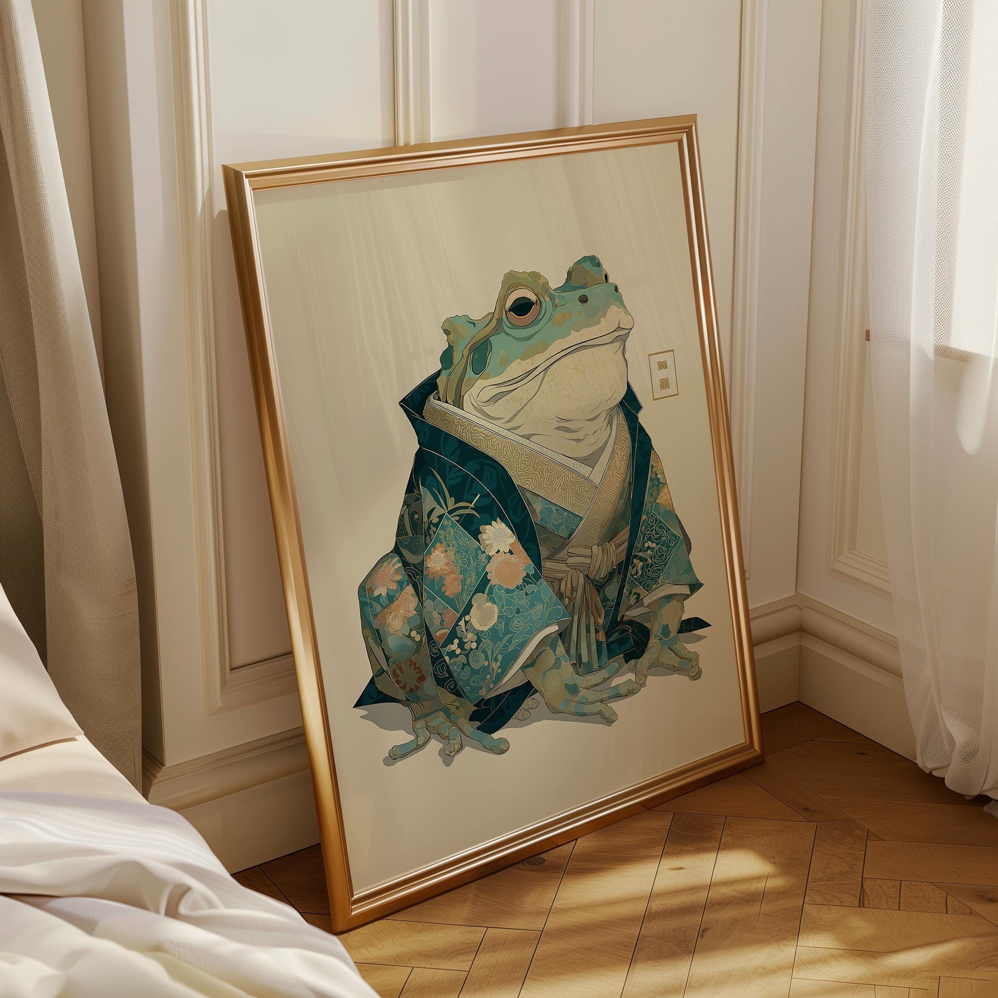 Japanese Whimsical Frog in Kimono Yokai-Inspired Wall Art by The Wall Art Studio