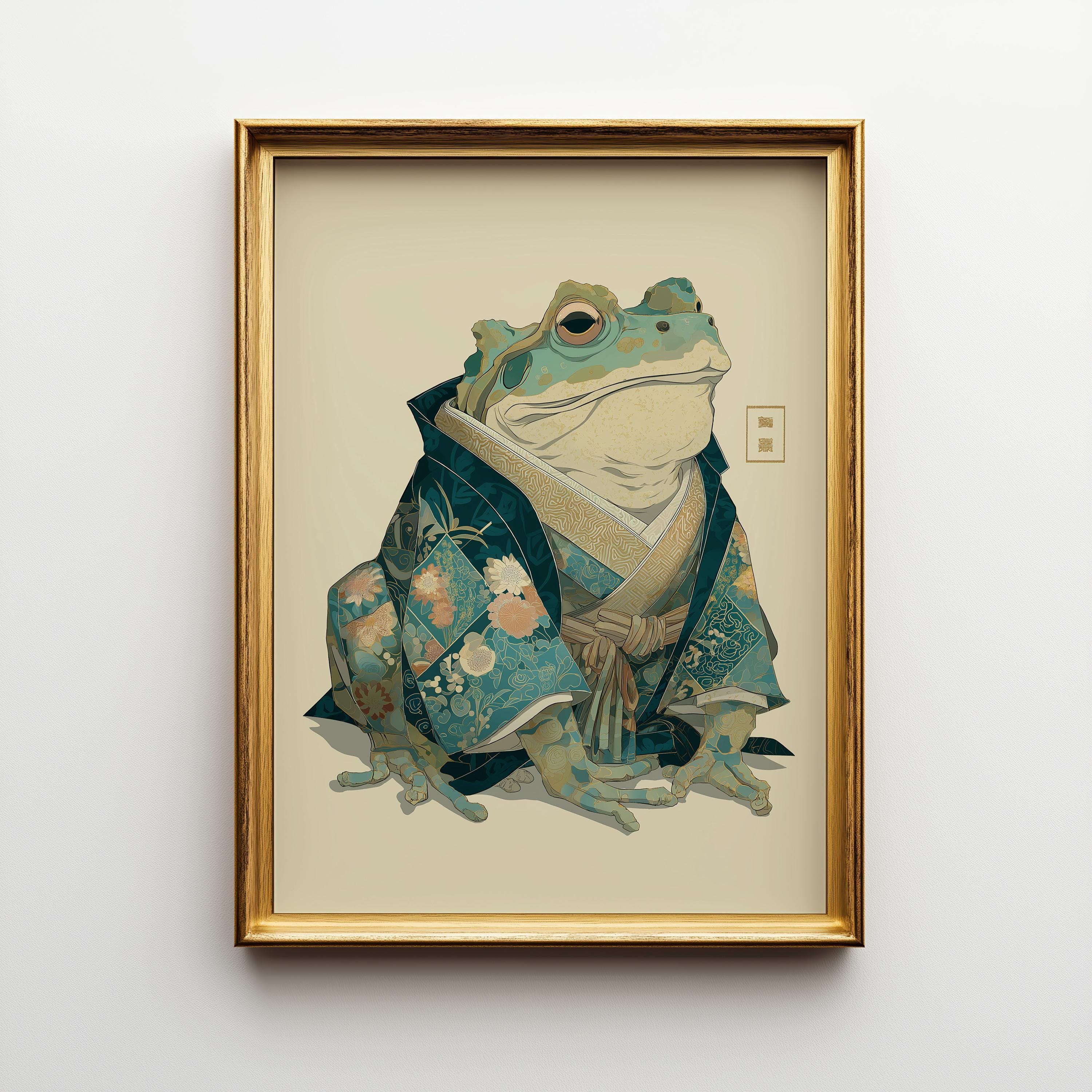 Japanese Whimsical Frog in Kimono Yokai-Inspired Wall Art by The Wall Art Studio