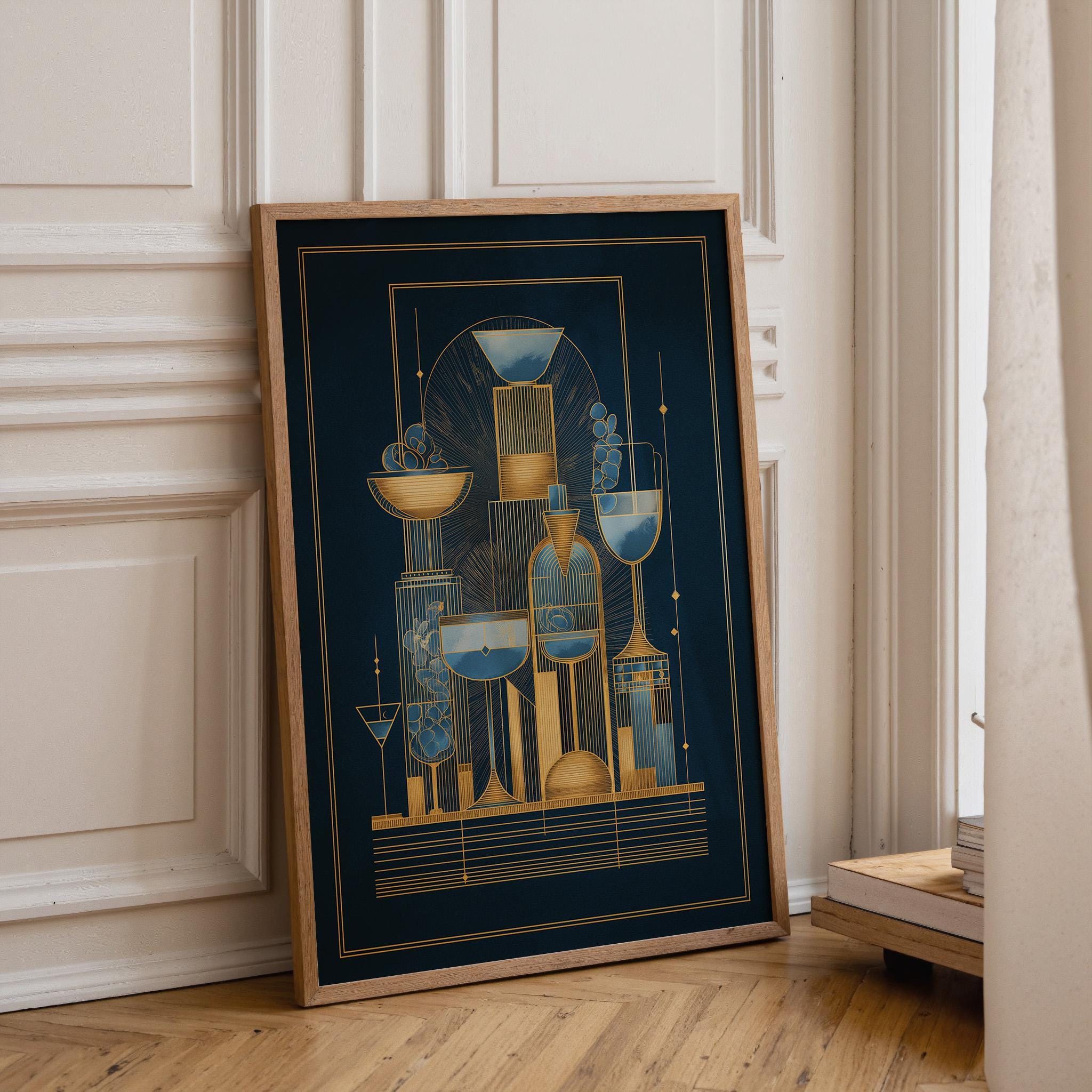 Art Deco Cocktail Wall Art Print, Minimalist Martini Illustration, Blue and Gold Bar Décor