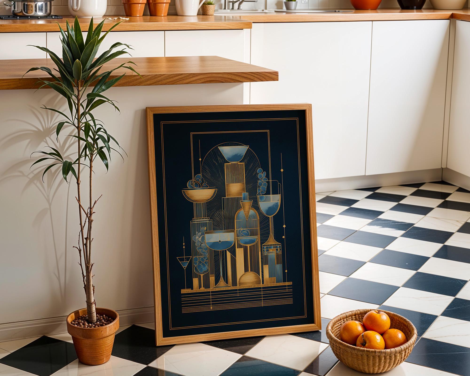 Art Deco Cocktail Wall Art Print, Minimalist Martini Illustration, Blue and Gold Bar Décor