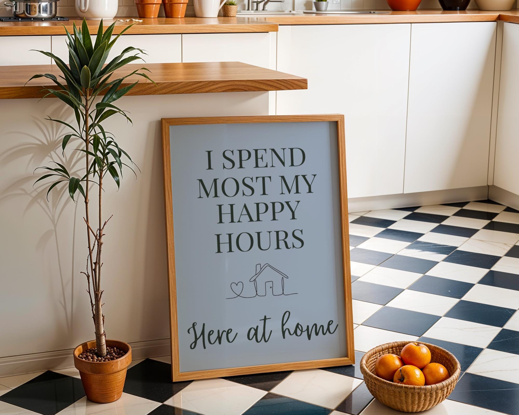 Blue Quote Wall Art "I Spend Most My Happy Hours Here at Home" by The Wall Art Studio