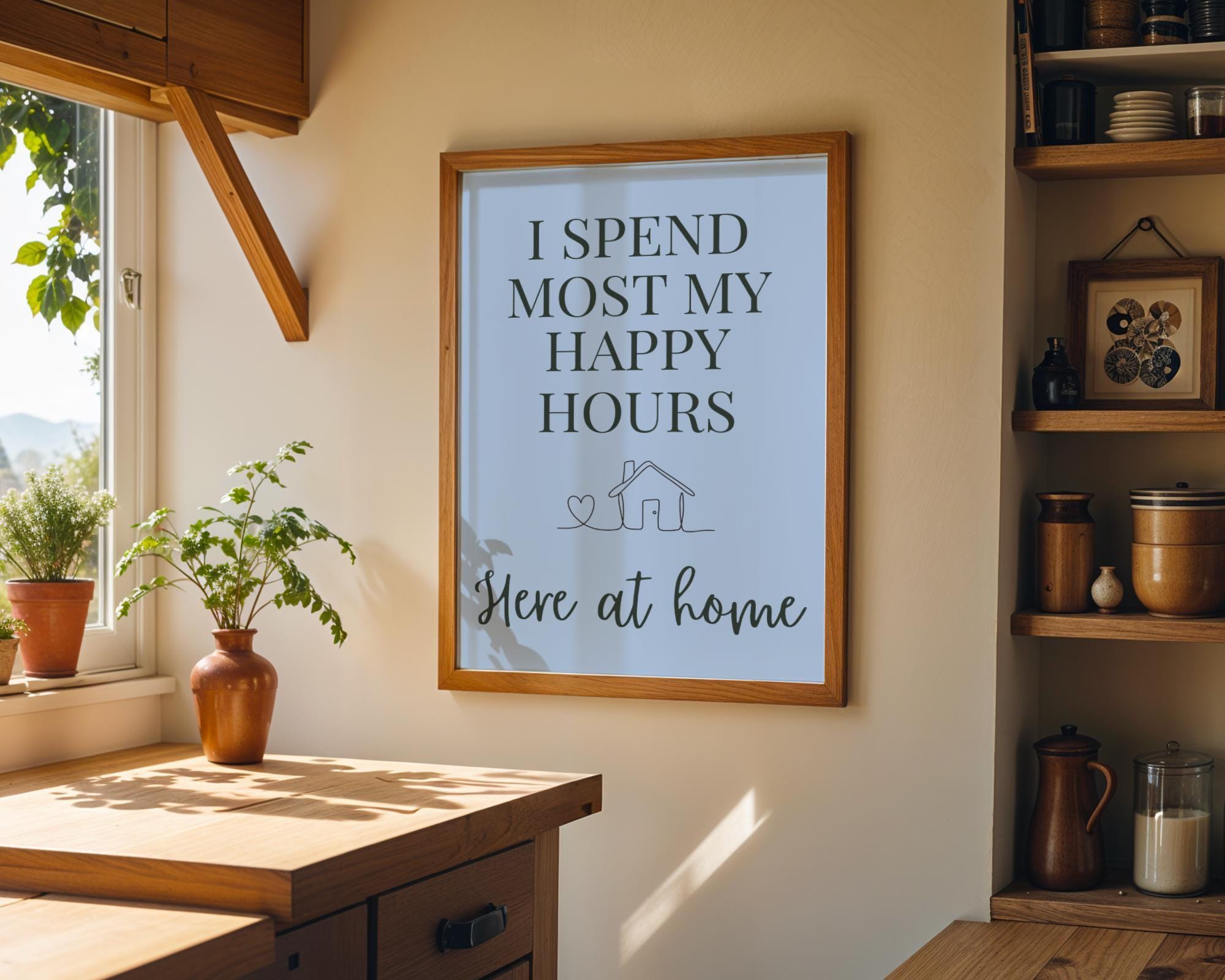 Blue Quote Wall Art "I Spend Most My Happy Hours Here at Home" by The Wall Art Studio