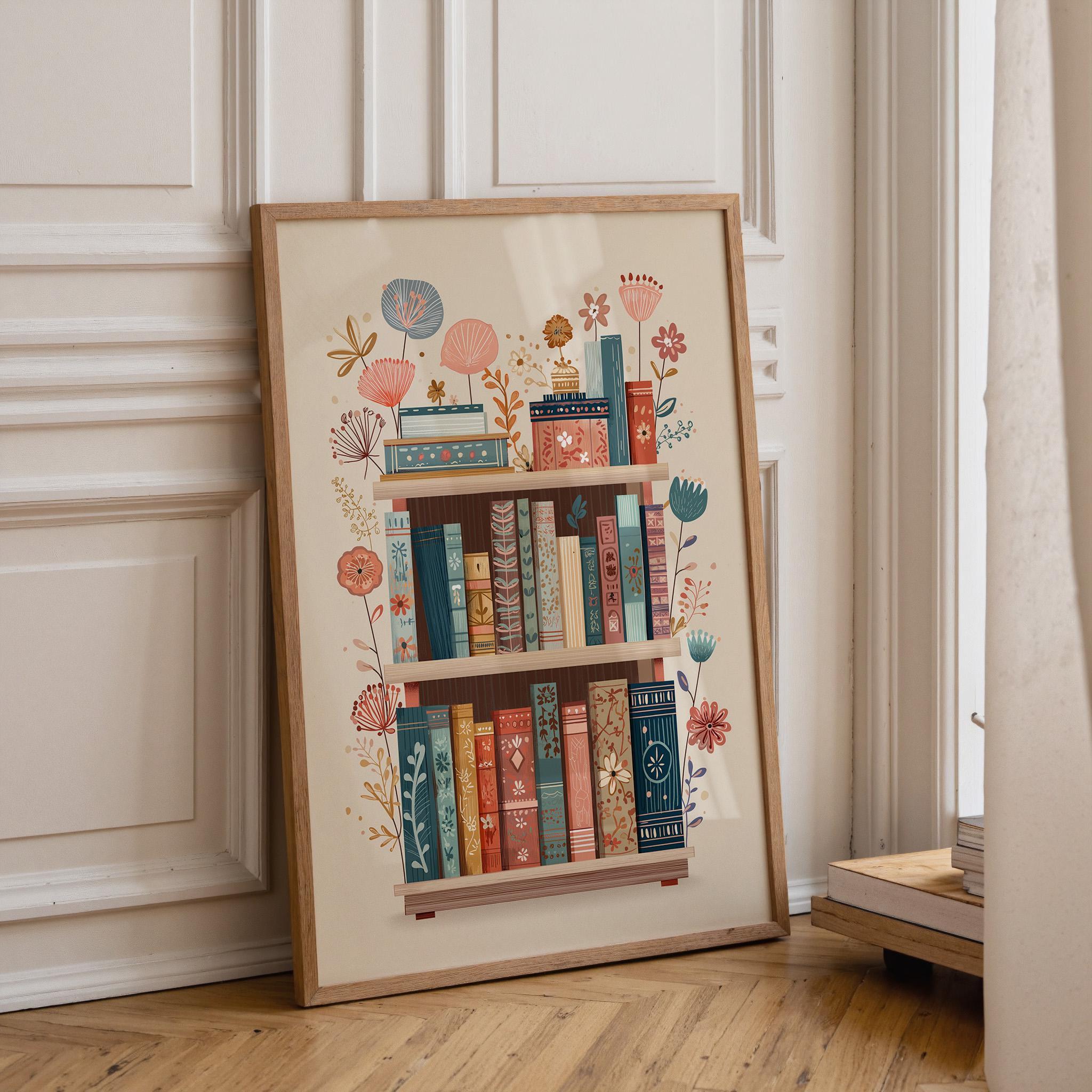 Floral Bookshelf Botanical Book Lover Whimsical Library Wall Art by The Wall Art Studio